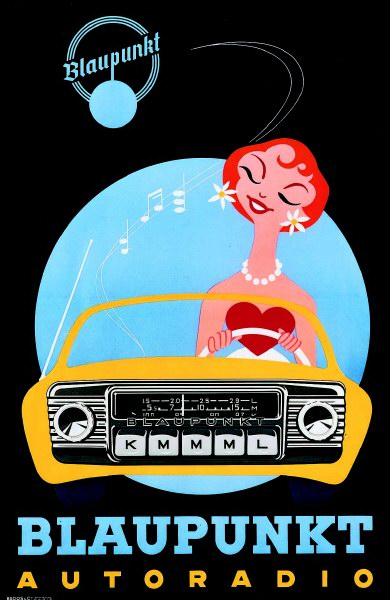 Рекламный плакат автомобильного радио Blaupunkt, 1950 год. Количество автомобилей растет, все больше и больше женщин начинает водить автомобиль. Маркетологи компании увидели в них новую целевую аудиторию.
