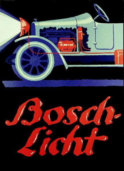 Один из первых рекламных плакатов Bosch. Но этот плакат не мог быть использован в международных рекламных компаниях, поскольку термин “Bosch-Licht” не был переведен на все языки тех стран, в которых была представлена компания. Позднее плакат все-таки использовался, но просто с надписью “Bosch” Один из первых рекламных плакатов Bosch. Но этот плакат не мог быть использован в международных рекламных компаниях, поскольку термин “Bosch-Licht” не был переведен на все языки тех стран, в которых была представлена компания. Позднее плакат все-таки использовался, но просто с надписью “Bosch”