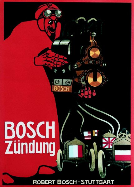 “Красный дьявол” – один из самых известных рекламных плакатов компании Bosch до первой мировой войны. Под именем “Красный дьявол” в те годы был известен гонщик Камиль Женаззи (Camille Jenatzy), который выигрывал одно соревнование за другим на автомобиле Мерседес, оборудованном системой зажигания Bosch. У Камиля были огненно рыжие волосы, а на соревнование он одевал ярко красное пальто.